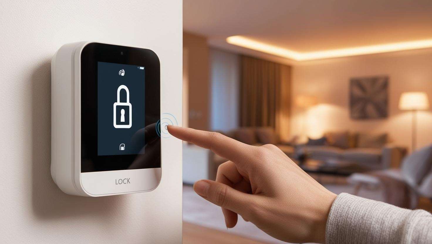 picture of an touch screen alarm system with a lock symbol on the screen on a wall and someone pushing a button with a living room in tha background